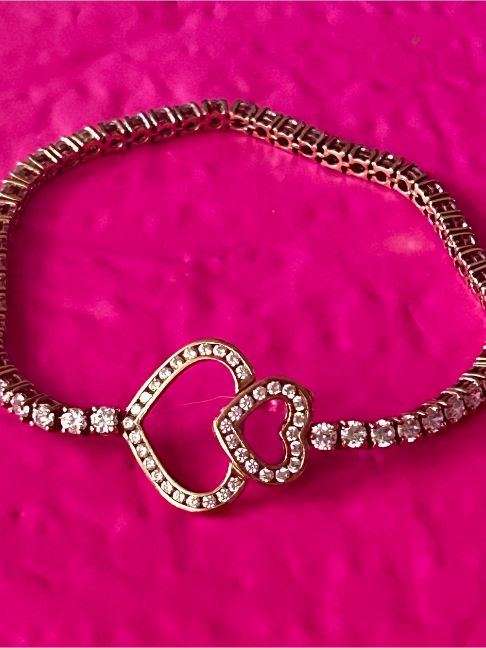 925 gold washed sterling silver heart tennis bracelet, open pave double-heart